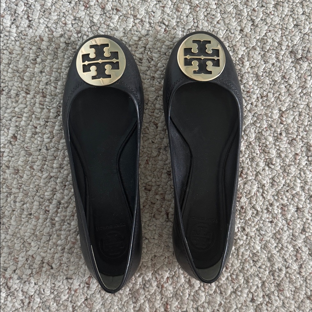 Tory Burch Black Ballet Flats with Gold Emblem